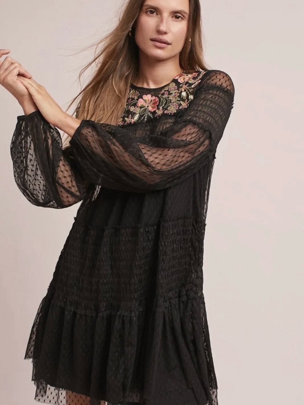 Maeve Black Swiss-Dot Embroidered-Yoke Long-Sleeve Dress